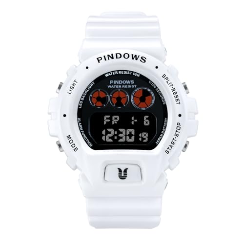 PINDOWS メンズデジタルスポーツウォッチ 50M防水 LEDライト付き ストップウォッチ アラーム タイマー搭載 多機能アウトドア腕時計